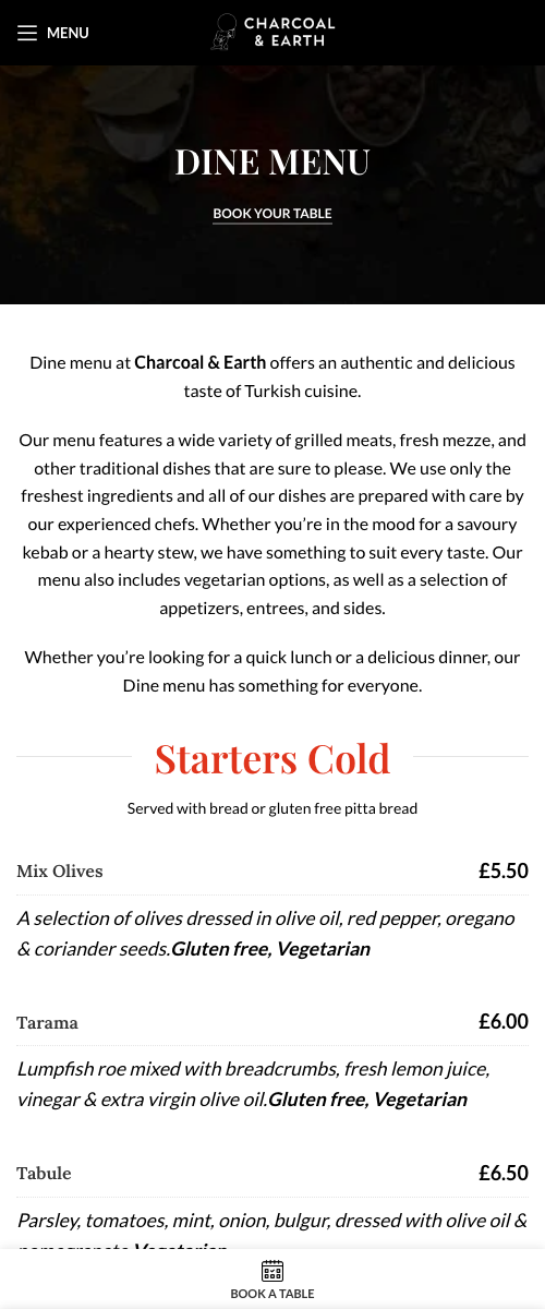 Mobile view of the Charcoal & Earth dine-in menu with the restaurant branding, introduction, dish names, prices and dietary information
