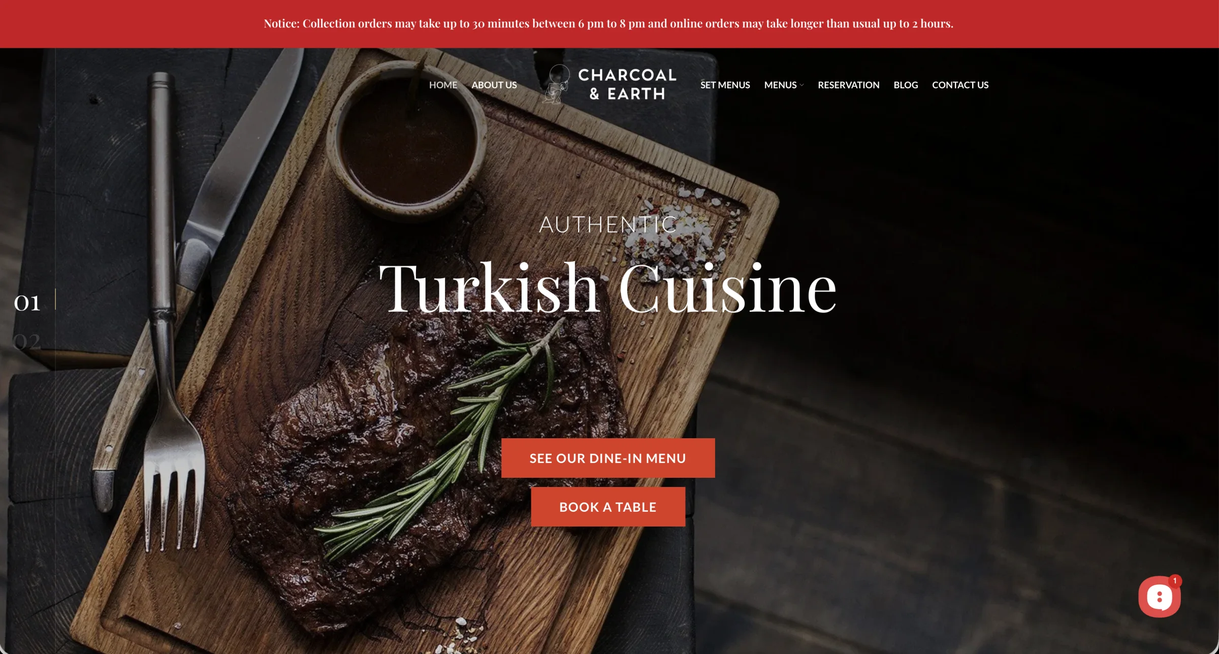 Charcoal & Earth restaurant homepage showing the charcoal-grilled Turkish cuisine hero, menu and table-booking routes