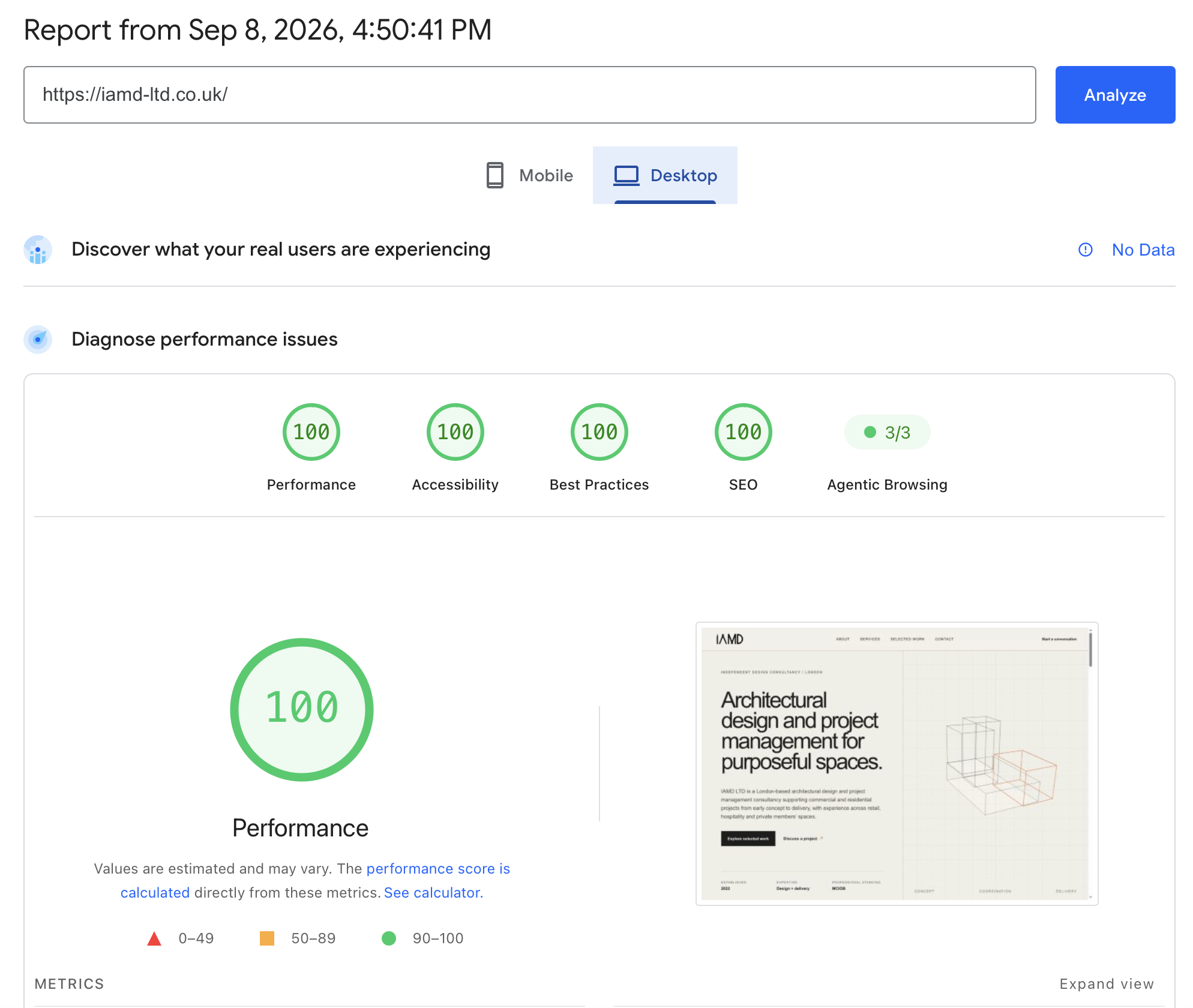 Google PageSpeed Insights desktop report for IAMD LTD showing 100 scores for Performance, Accessibility, Best Practices and SEO