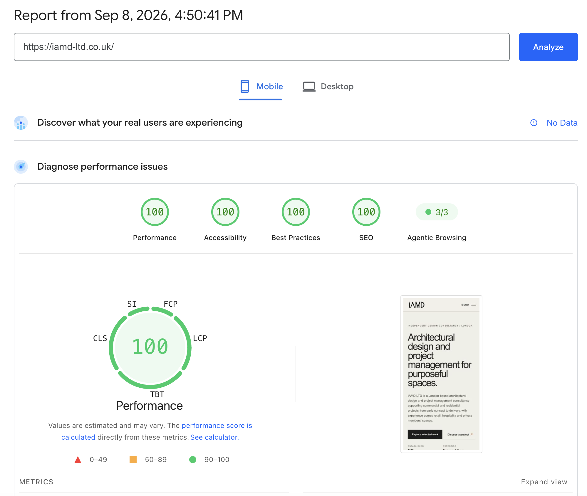 Google PageSpeed Insights mobile report for IAMD LTD showing 100 scores for Performance, Accessibility, Best Practices and SEO