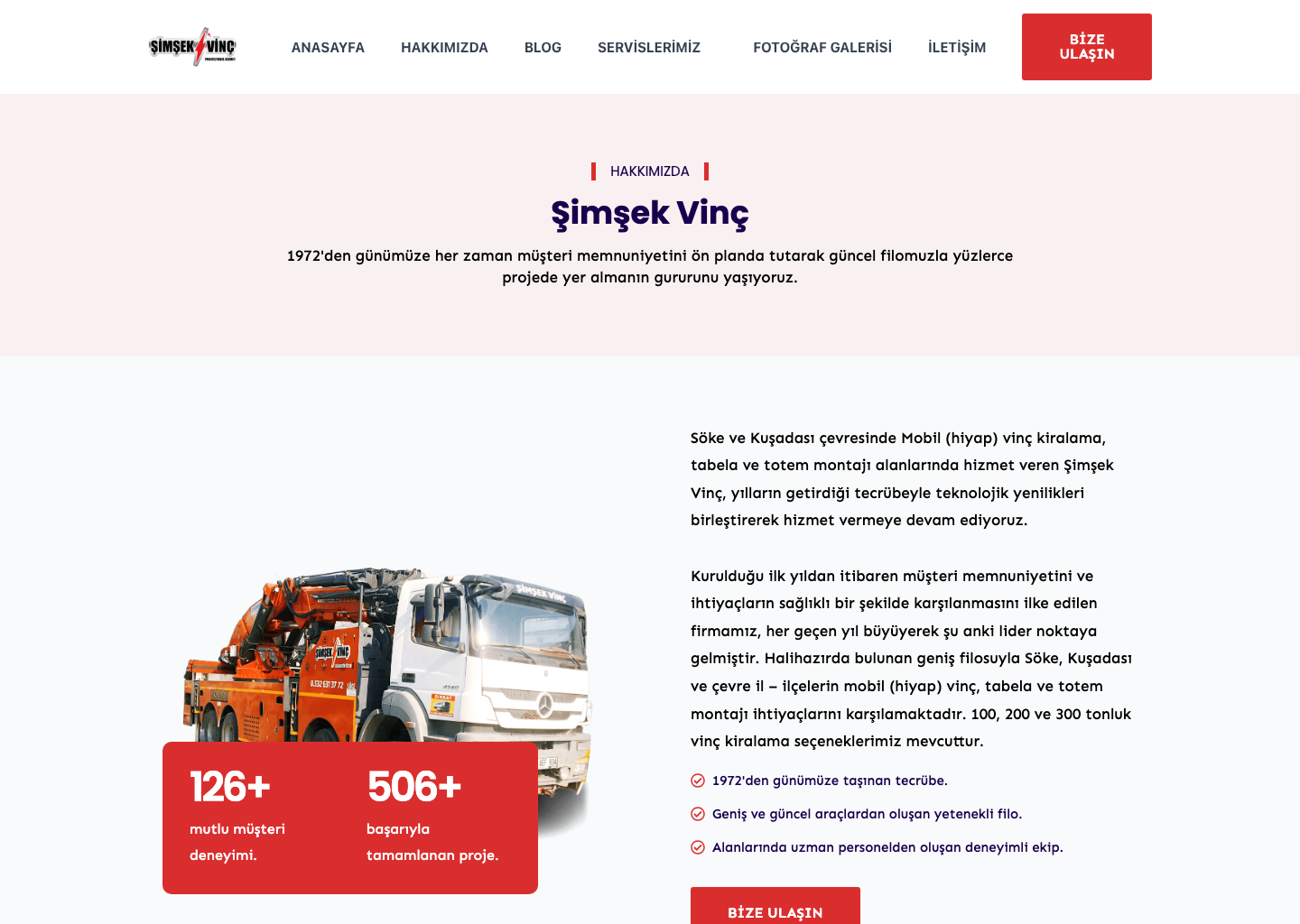 Şimşek Vinç about page showing a crane vehicle, company story and published customer and project figures