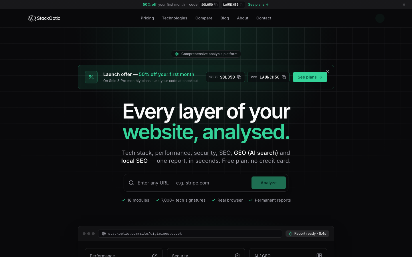 StackOptic website intelligence platform homepage showing its URL analysis field and public product capabilities