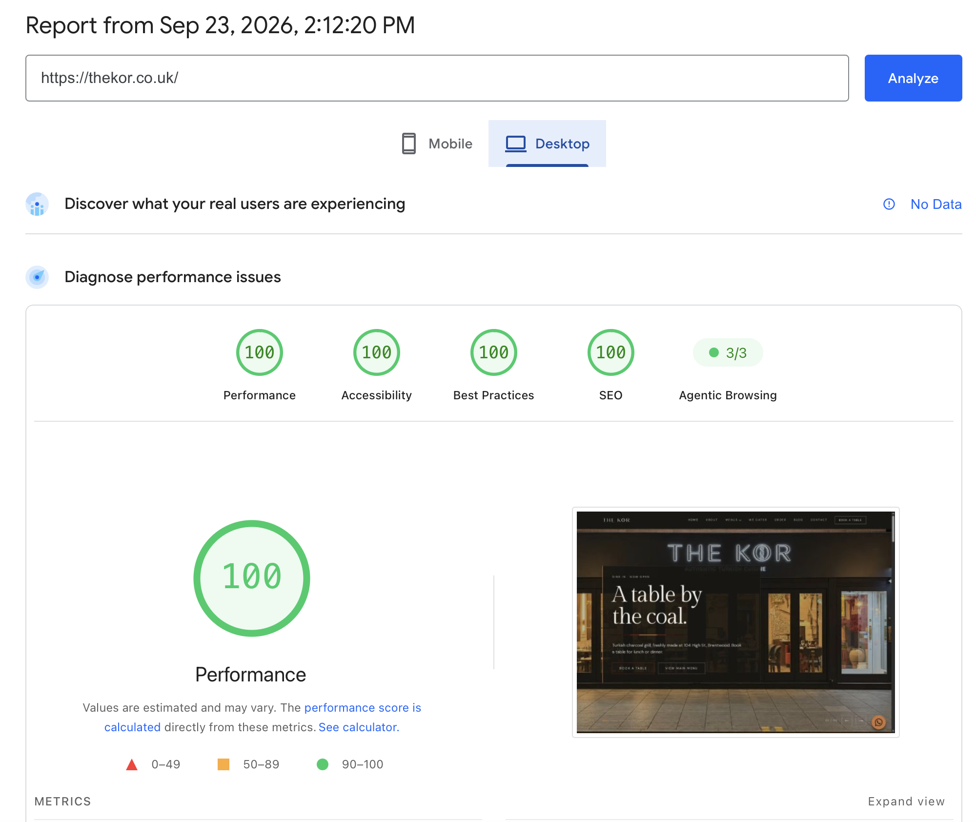 Google PageSpeed Insights desktop report for THE KOR showing 100 for Performance, Accessibility, Best Practices and SEO, plus 3 out of 3 Agentic Browsing checks
