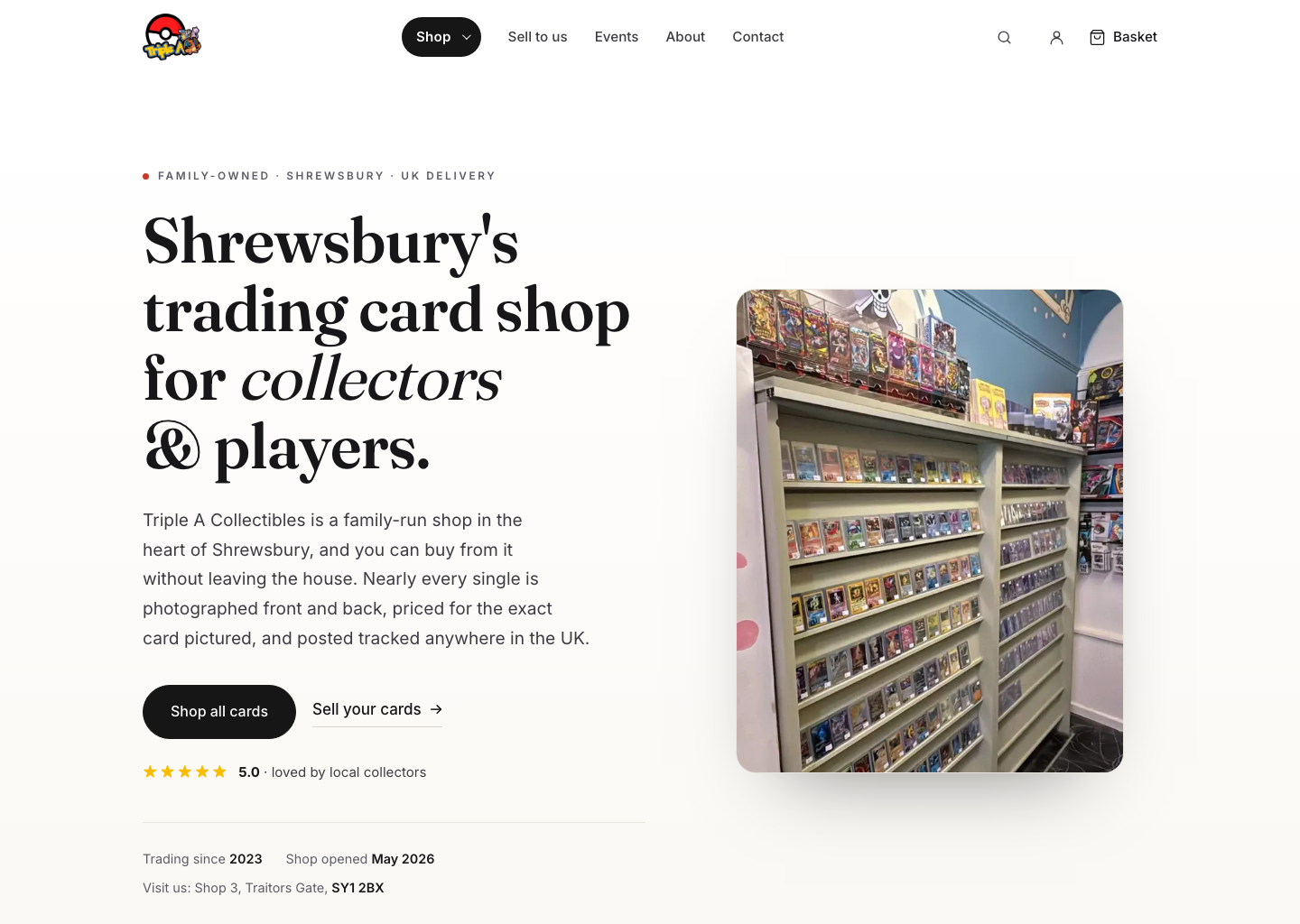 Triple A Collectibles desktop homepage designed by Digiwings for the Shrewsbury trading card shop