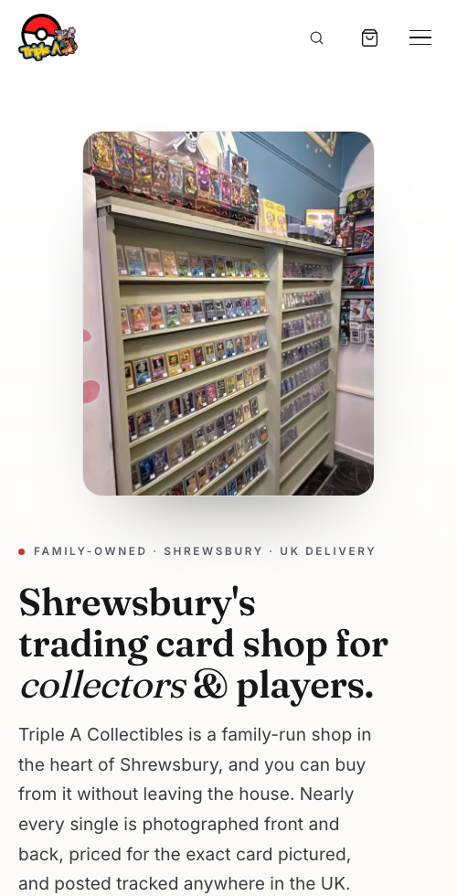 Mobile view of the Triple A Collectibles homepage with the card shop photography and collector-focused headline