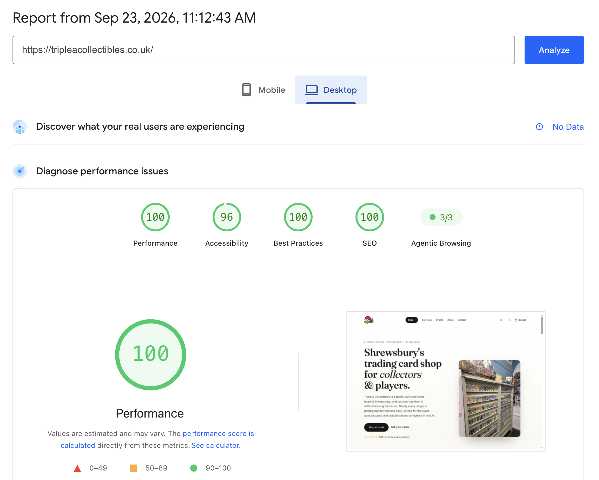 Google PageSpeed Insights desktop report for Triple A Collectibles showing 100 Performance, 96 Accessibility, 100 Best Practices, 100 SEO and 3 out of 3 Agentic Browsing checks