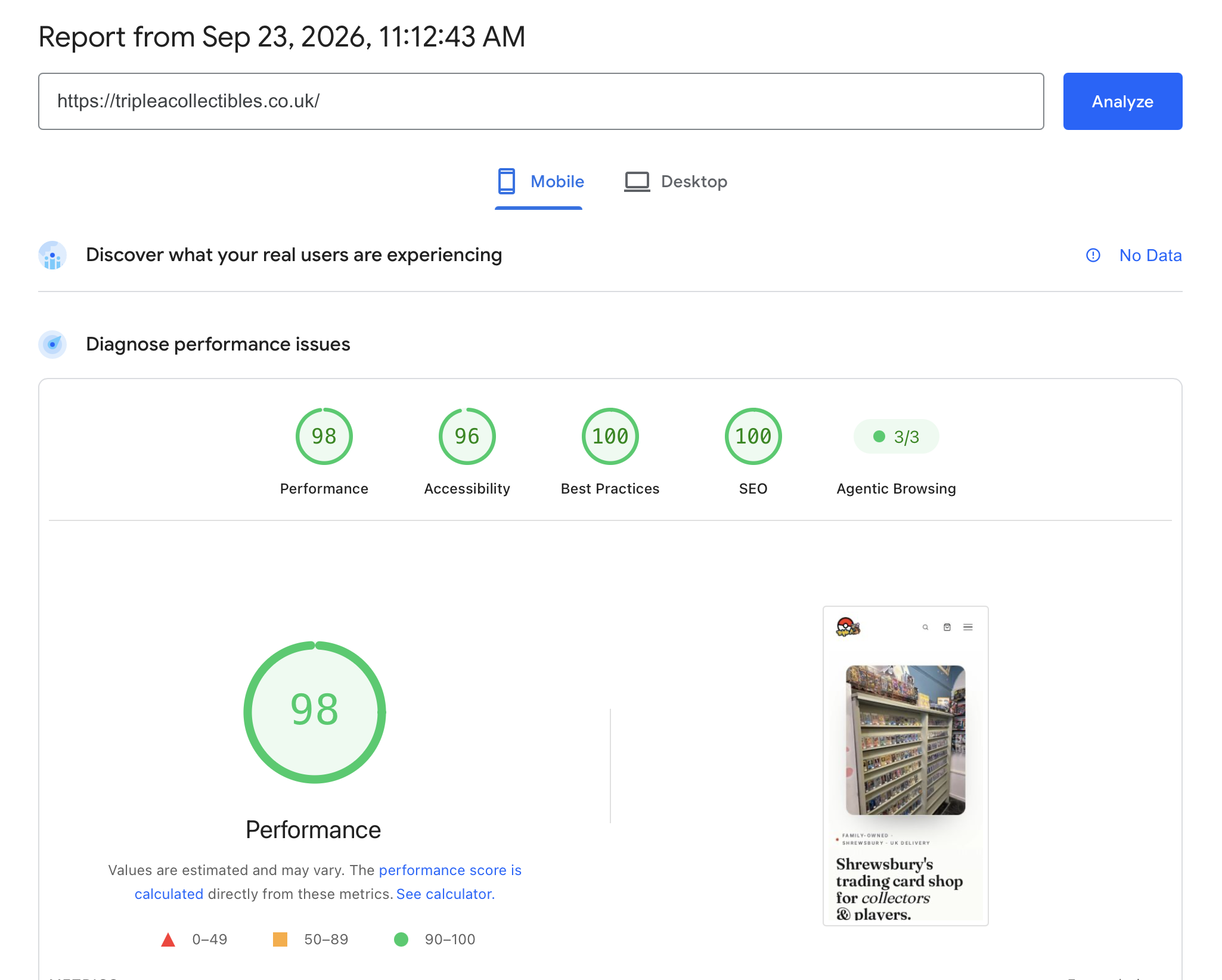 Google PageSpeed Insights mobile report for Triple A Collectibles showing 98 Performance, 96 Accessibility, 100 Best Practices, 100 SEO and 3 out of 3 Agentic Browsing checks