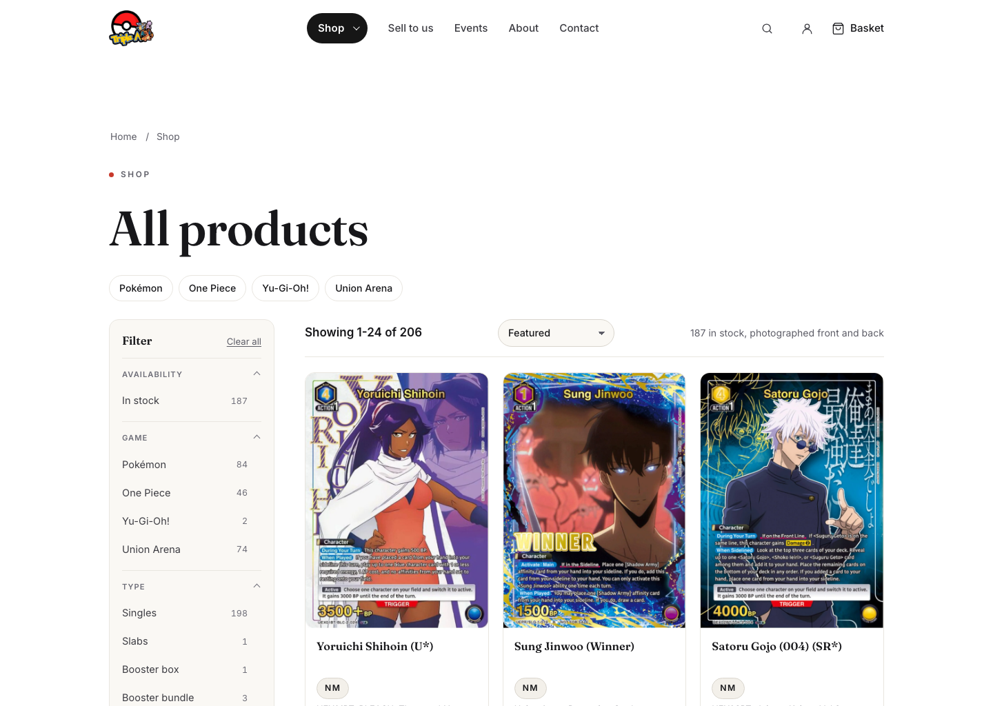 Triple A Collectibles shop page with trading card filters, exact-card photography, condition and availability